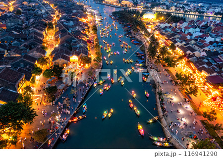 Aerial drone view of Hoi An city, Vietnam. Ancient town, UNESCO world heritage, at Quang Nam province. 116941290