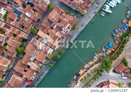 Aerial drone view of Hoi An city, Vietnam. Ancient town, UNESCO world heritage, at Quang Nam province. Aerial drone view of Hoi An city, Vietnam. Ancient town, UNESCO world heritage, at Quang Nam province. 116941297