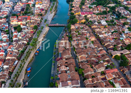 Aerial drone view of Hoi An city, Vietnam. Ancient town, UNESCO world heritage at Quang Nam province 116941391