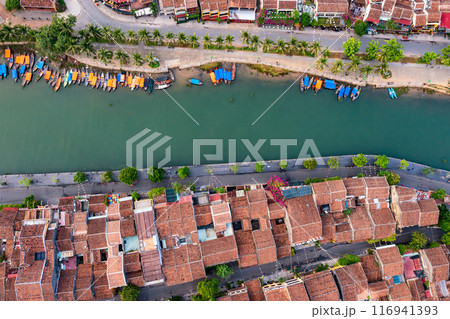Aerial drone view of Hoi An city, Vietnam. Ancient town, UNESCO world heritage at Quang Nam province Aerial drone view of Hoi An city, Vietnam. Ancient town, UNESCO world heritage at Quang Nam province 116941393