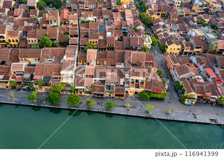 Aerial drone view of Hoi An city, Vietnam. Ancient town, UNESCO world heritage at Quang Nam province Aerial drone view of Hoi An city, Vietnam. Ancient town, UNESCO world heritage at Quang Nam province 116941399