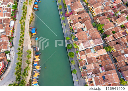 Aerial drone view of Hoi An city, Vietnam. Ancient town, UNESCO world heritage at Quang Nam province Aerial drone view of Hoi An city, Vietnam. Ancient town, UNESCO world heritage at Quang Nam province 116941400