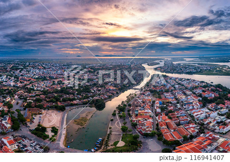 Aerial drone view of Hoi An city, Vietnam. Ancient town, UNESCO world heritage at Quang Nam province 116941407