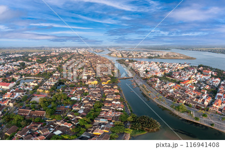 Aerial drone view of Hoi An city, Vietnam. Ancient town, UNESCO world heritage at Quang Nam province Aerial drone view of Hoi An city, Vietnam. Ancient town, UNESCO world heritage at Quang Nam province 116941408