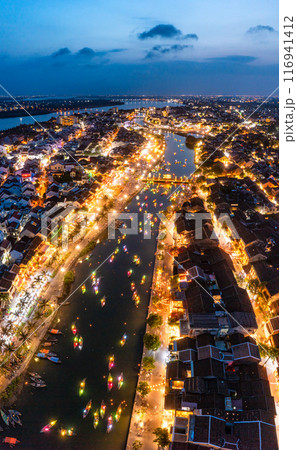 Aerial drone view of Hoi An city, Vietnam. Ancient town, UNESCO world heritage at Quang Nam province 116941412