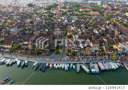Aerial drone view of Hoi An city, Vietnam. Ancient town, UNESCO world heritage at Quang Nam province 116941413