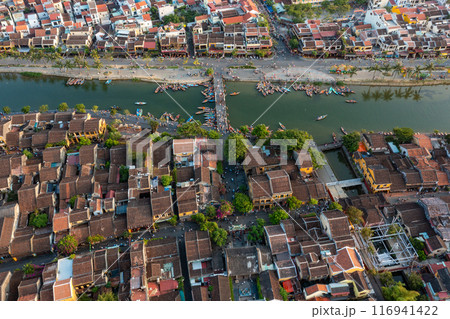 Aerial drone view of Hoi An city, Vietnam. Ancient town, UNESCO world heritage at Quang Nam province 116941422