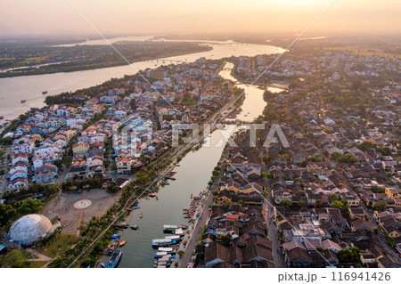Aerial drone view of Hoi An city, Vietnam. Ancient town, UNESCO world heritage at Quang Nam province 116941426