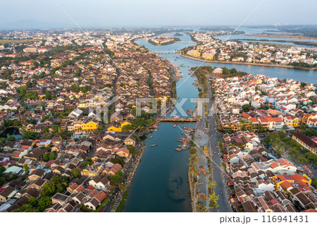 Aerial drone view of Hoi An city, Vietnam. Ancient town, UNESCO world heritage at Quang Nam province Aerial drone view of Hoi An city, Vietnam. Ancient town, UNESCO world heritage at Quang Nam province 116941431