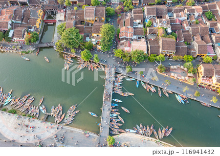 Aerial drone view of Hoi An city, Vietnam. Ancient town, UNESCO world heritage at Quang Nam province 116941432