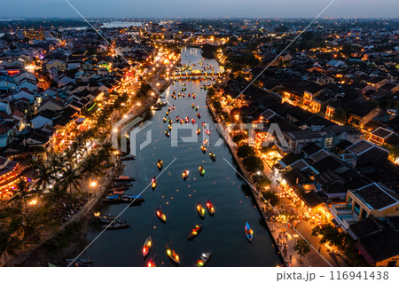 Aerial drone view of Hoi An city, Vietnam. Ancient town, UNESCO world heritage at Quang Nam province Aerial drone view of Hoi An city, Vietnam. Ancient town, UNESCO world heritage at Quang Nam province 116941438