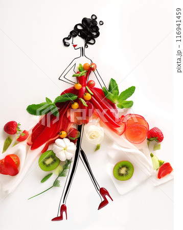 Fashion Illustration with Fresh Fruits and Vegetables 116941459