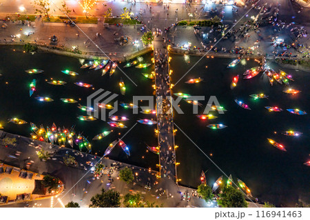 Aerial drone view of Hoi An city, Vietnam. Ancient town, UNESCO world heritage at Quang Nam province Aerial drone view of Hoi An city, Vietnam. Ancient town, UNESCO world heritage at Quang Nam province 116941463