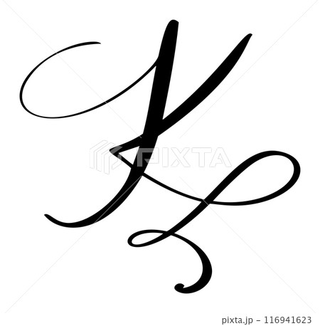 Hand drawn vector calligraphy letter K. Script capital font logo. Handwritten brush style flourish Hand drawn vector calligraphy letter K. Script capital font logo. Handwritten brush style flourish 116941623