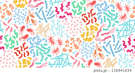 Colorful and detailed seamless pattern showcasing different bacteria and probiotics 116941834