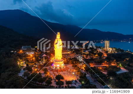 Aerial view of Ling Ung pagoda, Son Tra peninsula, Da Nang, Vietnam. 116941909