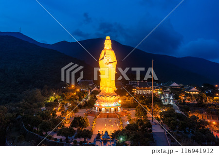 Aerial view of Ling Ung pagoda, Son Tra peninsula, Da Nang, Vietnam. 116941912