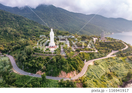 Aerial view of Ling Ung pagoda, Son Tra peninsula, Da Nang, Vietnam. 116941917