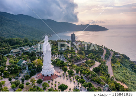 Aerial view of Ling Ung pagoda, Son Tra peninsula, Da Nang, Vietnam. 116941919