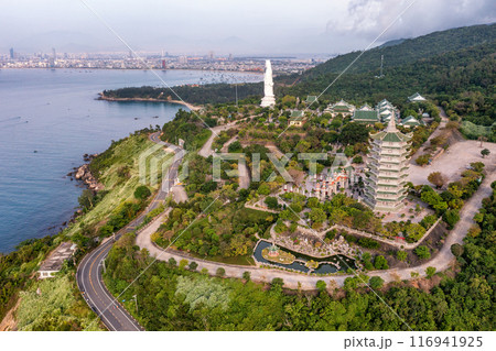 Aerial view of Ling Ung pagoda, Son Tra peninsula, Da Nang, Vietnam. 116941925