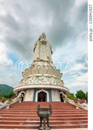 Aerial view of Ling Ung pagoda, Son Tra peninsula, Da Nang, Vietnam. 116941927