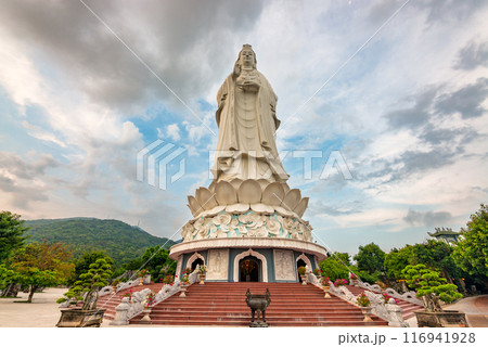 Aerial view of Ling Ung pagoda, Son Tra peninsula, Da Nang, Vietnam. Aerial view of Ling Ung pagoda, Son Tra peninsula, Da Nang, Vietnam. 116941928