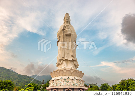 Aerial view of Ling Ung pagoda, Son Tra peninsula, Da Nang, Vietnam. 116941930