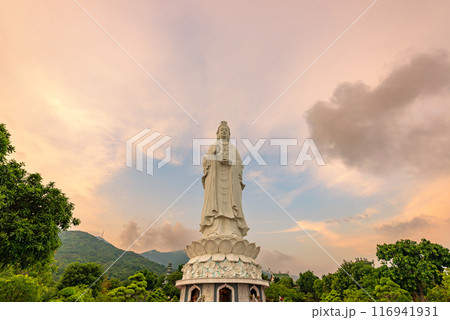 Aerial view of Ling Ung pagoda, Son Tra peninsula, Da Nang, Vietnam. 116941931