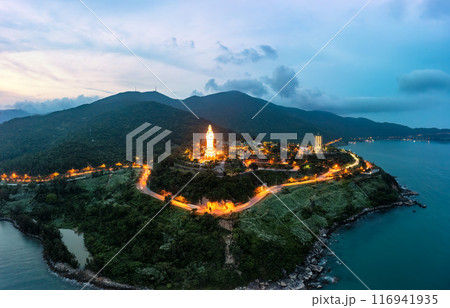 Aerial view of Ling Ung pagoda, Son Tra peninsula, Da Nang, Vietnam. 116941935
