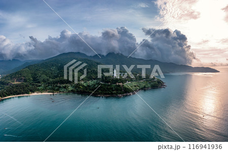 Aerial view of Ling Ung pagoda, Son Tra peninsula, Da Nang, Vietnam. 116941936