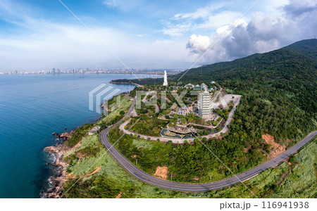 Aerial view of Ling Ung pagoda, Son Tra peninsula, Da Nang, Vietnam. 116941938