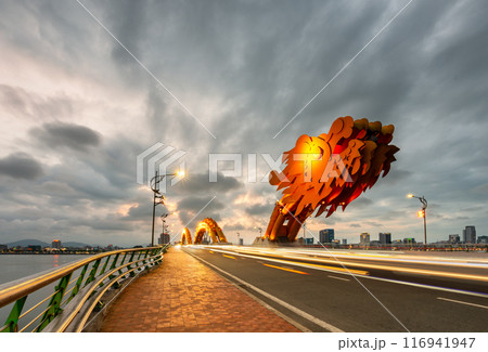 Dragon bridge in Danang at sunset which is a very famous destination for tourists 116941947