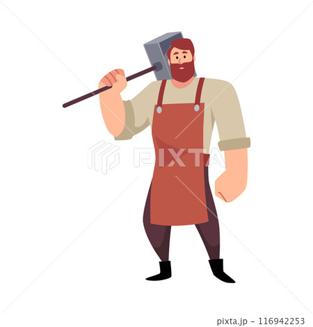 Blacksmith stands with a large iron hammer. 116942253