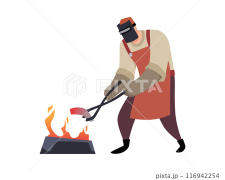 Blacksmith wearing leather apron gloves and face shield heating iron piece in fire, vector cartoon farrier worker smith 116942254