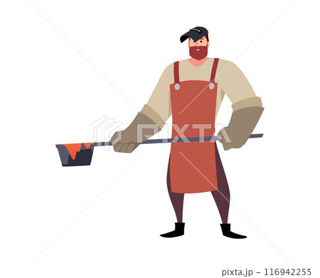 Blacksmith stands and holds molten liquid hot metal in a ladle. 116942255