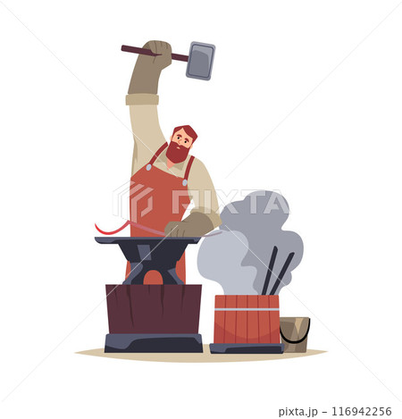 Medieval master at work. Blacksmith in blacksmith on isolated background. 116942256