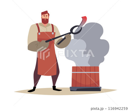 Vector illustration of a blacksmith character holding molten iron with tongs on a white background Vector illustration of a blacksmith character holding molten iron with tongs on a white background 116942259