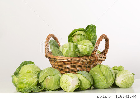 Fresh young cabbage in a large basket on a white background Fresh young cabbage in a large basket on a white background 116942344