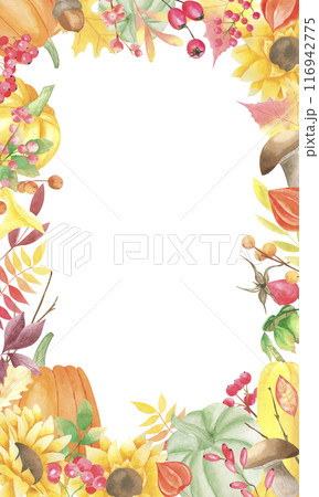 Watercolor autumn frame with pumpkin, sunflower, fallen leaves, red berries, mushrooms. Thanksgiving day decoration. Harvest frame. Fall wreath. Template for card making, greeting cards. Watercolor autumn frame with pumpkin, sunflower, fallen leaves, red berries, mushrooms. Thanksgiving day decoration. Harvest frame. Fall wreath. Template for card making, greeting cards. 116942775