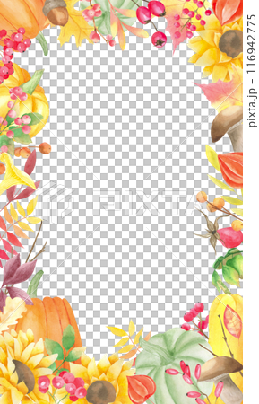 Watercolor autumn frame with pumpkin, sunflower, fallen leaves, red berries, mushrooms. Thanksgiving day decoration. Harvest frame. Fall wreath. Template for card making, greeting cards. Watercolor autumn frame with pumpkin, sunflower, fallen leaves, red berries, mushrooms. Thanksgiving day decoration. Harvest frame. Fall wreath. Template for card making, greeting cards. 116942775