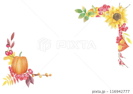 Watercolor hand drawn autumn corner frame with pumpkins, sunflowers, fallen leaves, berries on white background. Thanksgiving day decoration. Harvest. Template for greeting card. Fall decor Watercolor hand drawn autumn corner frame with pumpkins, sunflowers, fallen leaves, berries on white background. Thanksgiving day decoration. Harvest. Template for greeting card. Fall decor 116942777