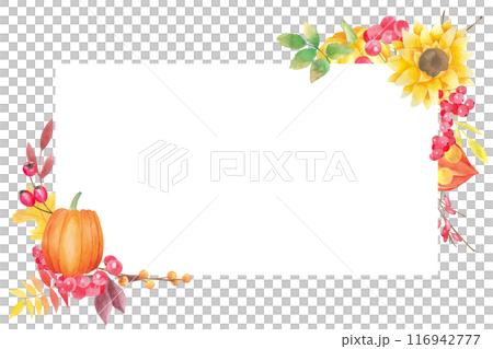 Watercolor hand drawn autumn corner frame with pumpkins, sunflowers, fallen leaves, berries on white background. Thanksgiving day decoration. Harvest. Template for greeting card. Fall decor Watercolor hand drawn autumn corner frame with pumpkins, sunflowers, fallen leaves, berries on white background. Thanksgiving day decoration. Harvest. Template for greeting card. Fall decor 116942777