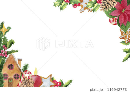 Christmas frame Watercolor hand drawn illustration with holly, gingerbread cookie, pine tree branches, red berries, golden bells, candle, candy cane. Winter holiday. Template for greeting card 116942778