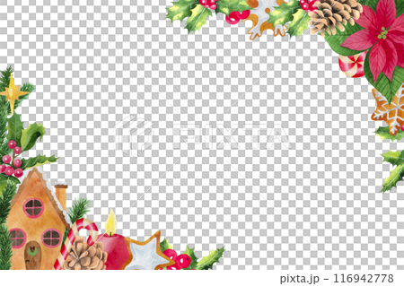 Christmas frame Watercolor hand drawn illustration with holly, gingerbread cookie, pine tree branches, red berries, golden bells, candle, candy cane. Winter holiday. Template for greeting card 116942778