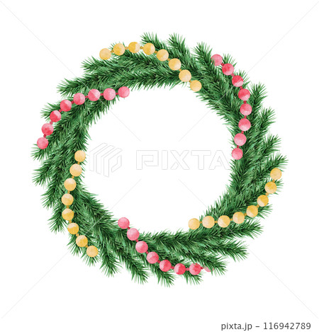 Watercolor hand drawn Christmas wreath. Holiday decoration, Christmas decor, frame. Isolated on white background. Design element. 116942789