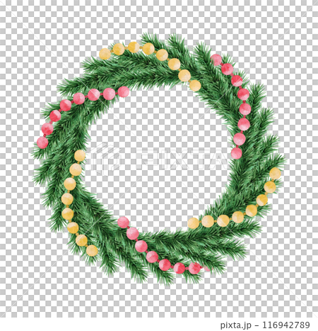 Watercolor hand drawn Christmas wreath. Holiday decoration, Christmas decor, frame. Isolated on white background. Design element. 116942789
