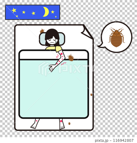 夜、暗くなって寝ているときにトコジラミが吸血に来ているイラスト 116942807