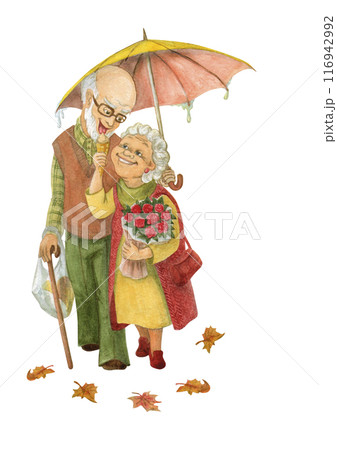 Happy seniors enjoying life walking in the fall rain together. Loving elderly man shelters with umbrella a gray haired woman, that feeds him ice cream. Active aging concept. Watercolor illustration Happy seniors enjoying life walking in the fall rain together. Loving elderly man shelters with umbrella a gray haired woman, that feeds him ice cream. Active aging concept. Watercolor illustration 116942992