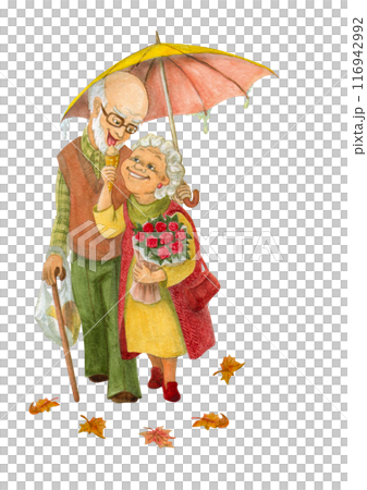 Happy seniors enjoying life walking in the fall rain together. Loving elderly man shelters with umbrella a gray haired woman, that feeds him ice cream. Active aging concept. Watercolor illustration Happy seniors enjoying life walking in the fall rain together. Loving elderly man shelters with umbrella a gray haired woman, that feeds him ice cream. Active aging concept. Watercolor illustration 116942992