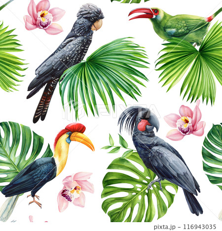 Seamless Pattern watercolor illustration tropical flowers palm leaves parrots birds, flora background botanical Patterns Seamless Pattern watercolor illustration tropical flowers palm leaves parrots birds, flora background botanical Patterns 116943035